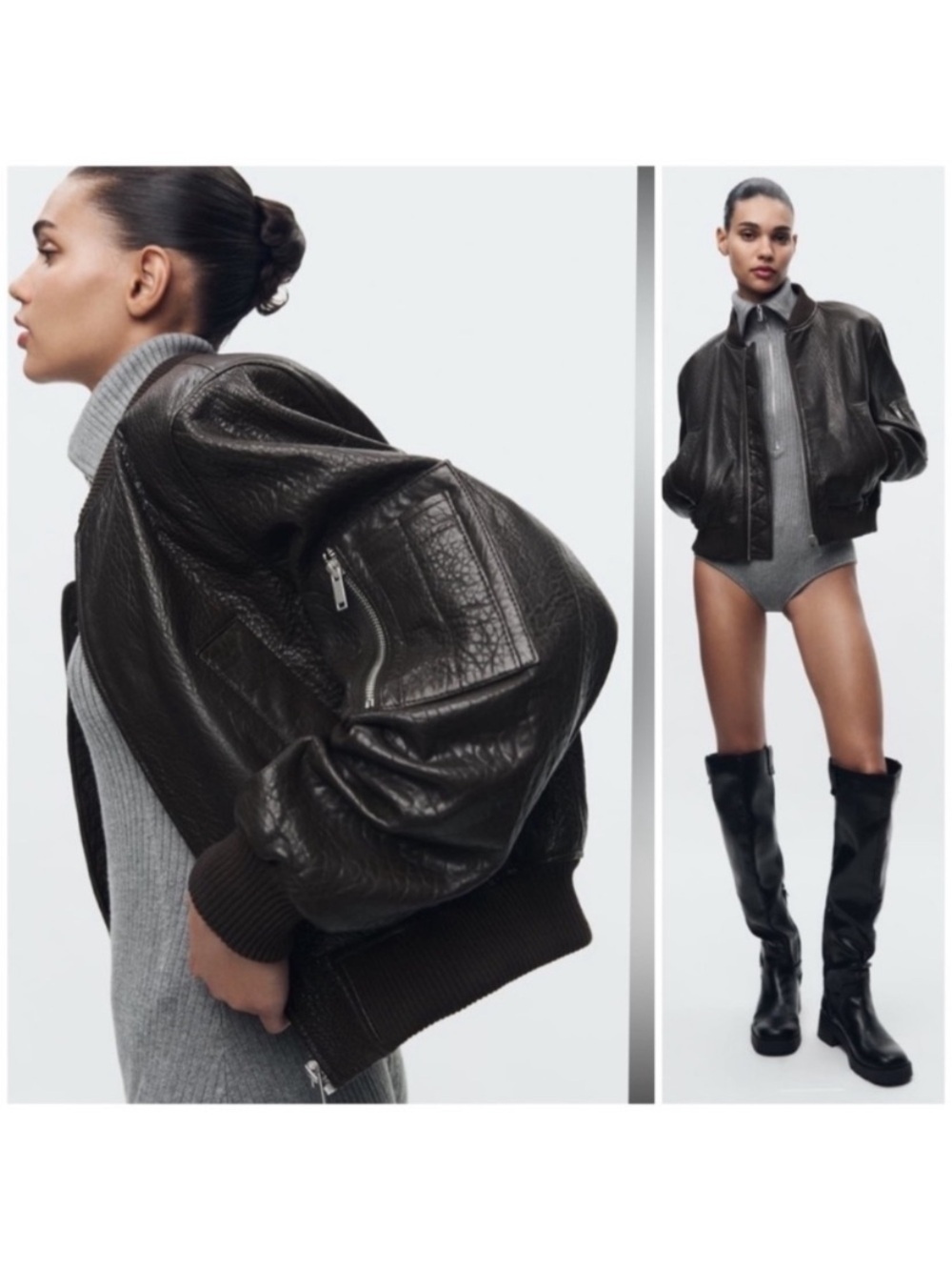 Zara Espresso Brown Pebbled Genuine Leather Crop Bomber Jacket M Bloggers
